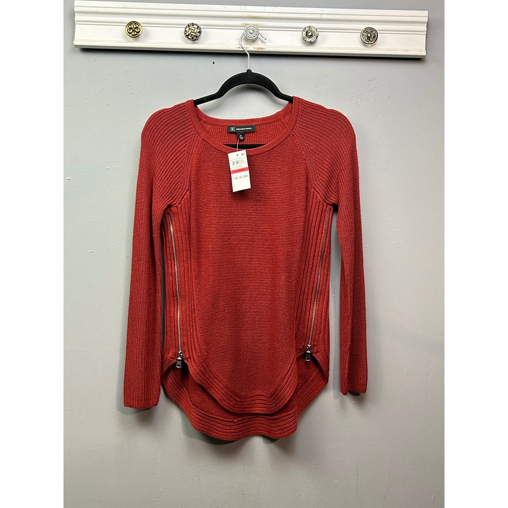 INC International Concepts Sweater Womens XS Waffle Knit Side Zip Burnt Pepper
